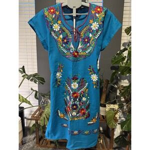 Mexican Flower Embroidered Blue Kimono Dress Medium 24" Long